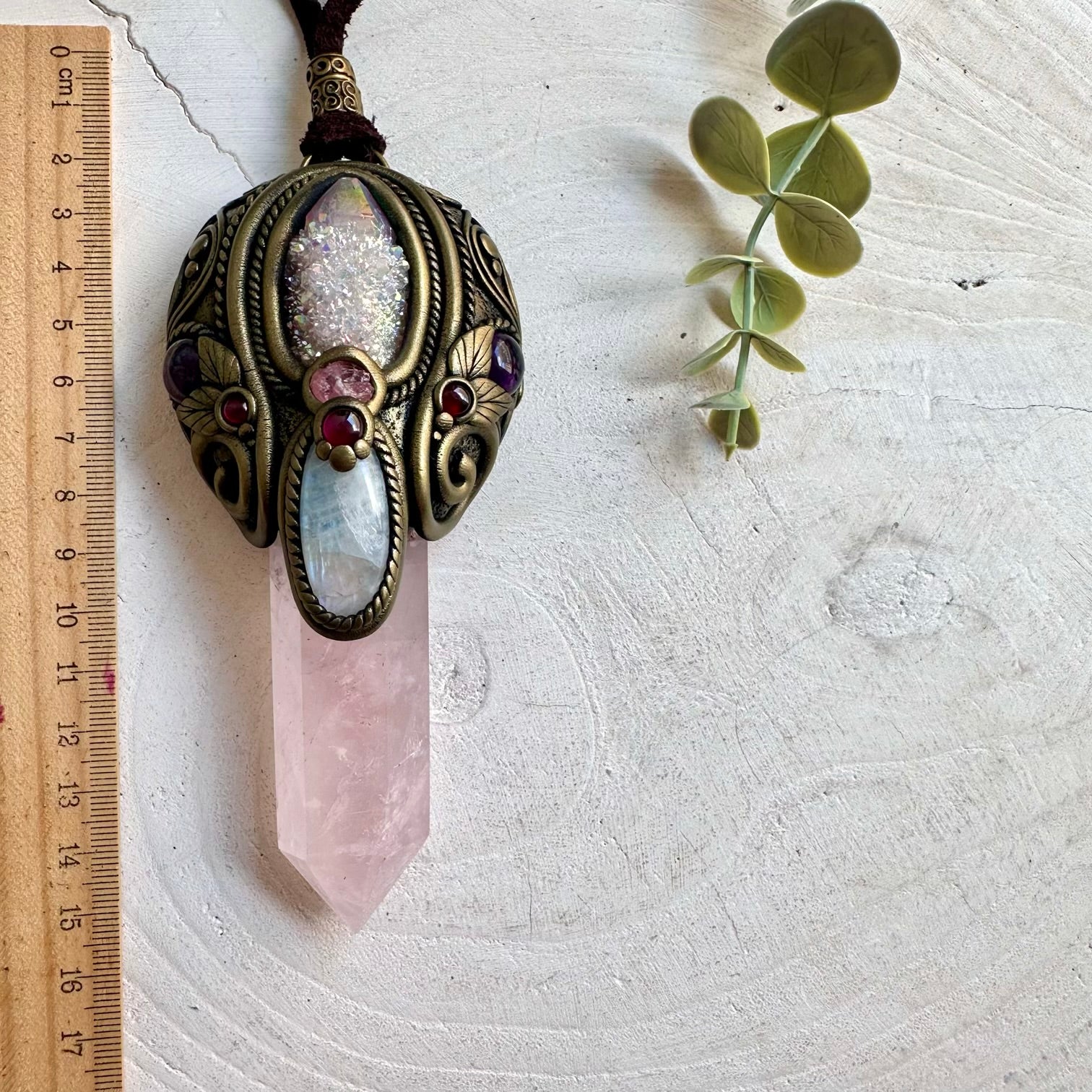 Spiritual energy healing crystal wand pendant combining Rose Quartz with premium natural healing gemstones.