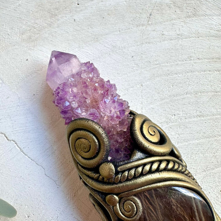 Wiccan crystal wand made with Golden Healer Quartz and premium natural healing crystals.
