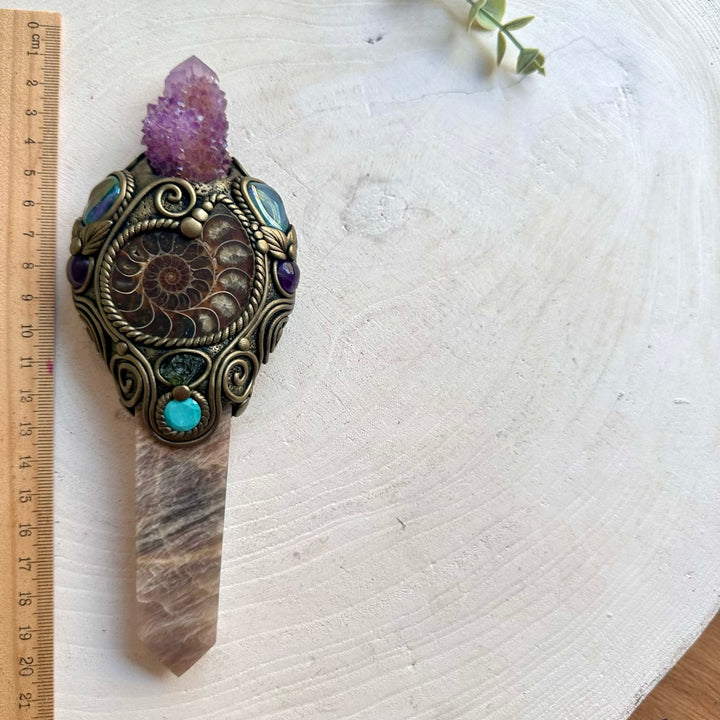 Handmade crystal wand with Moonstone Point, Deep Purple Spirit Quartz, Ammonite, Aqua Aura Quartz, Amethyst, Amazonite and Moldavite.