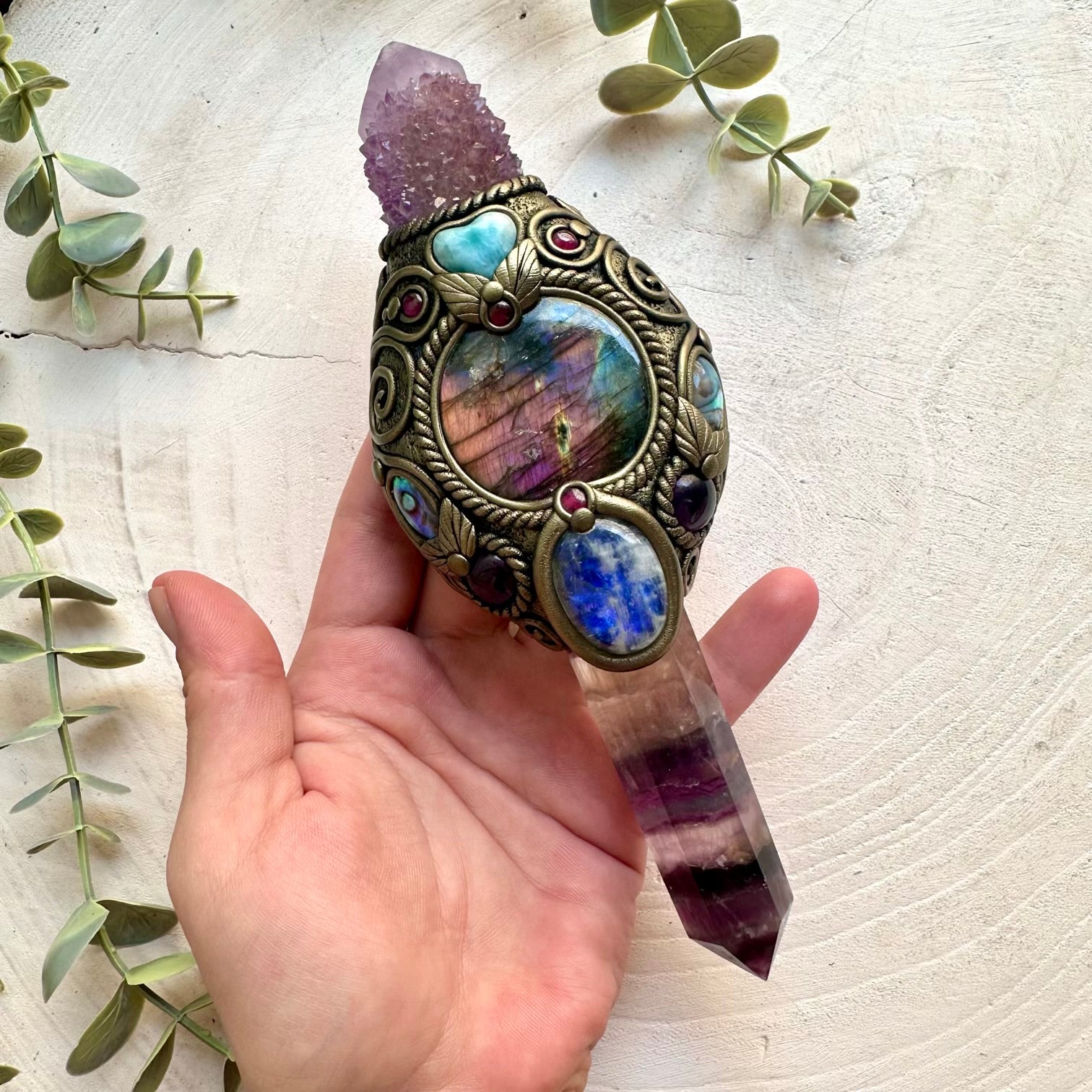 One of a kind healing crystal wand featuring Rainbow Fluorite and rare natural gemstones.