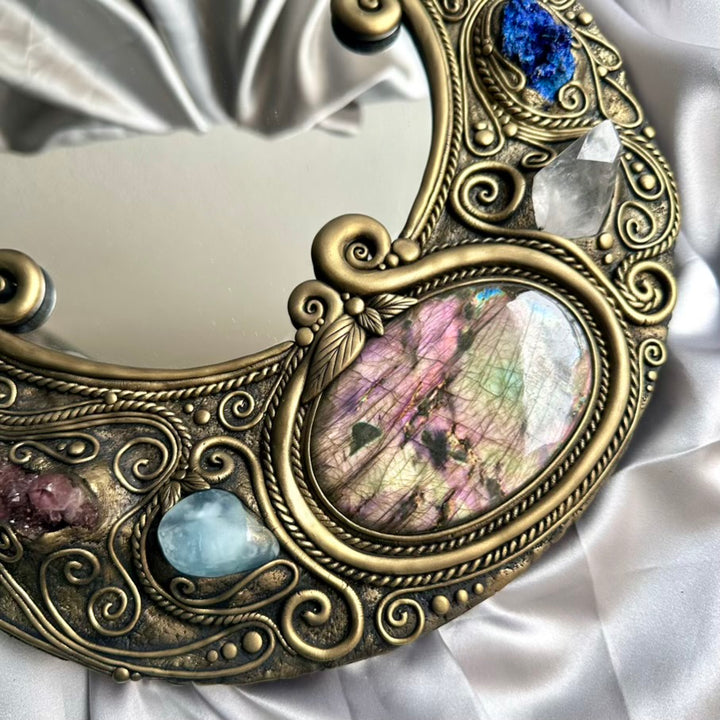 Spiritual home decor mirror with Aquamarine, Moonstone and Spirit Quartz