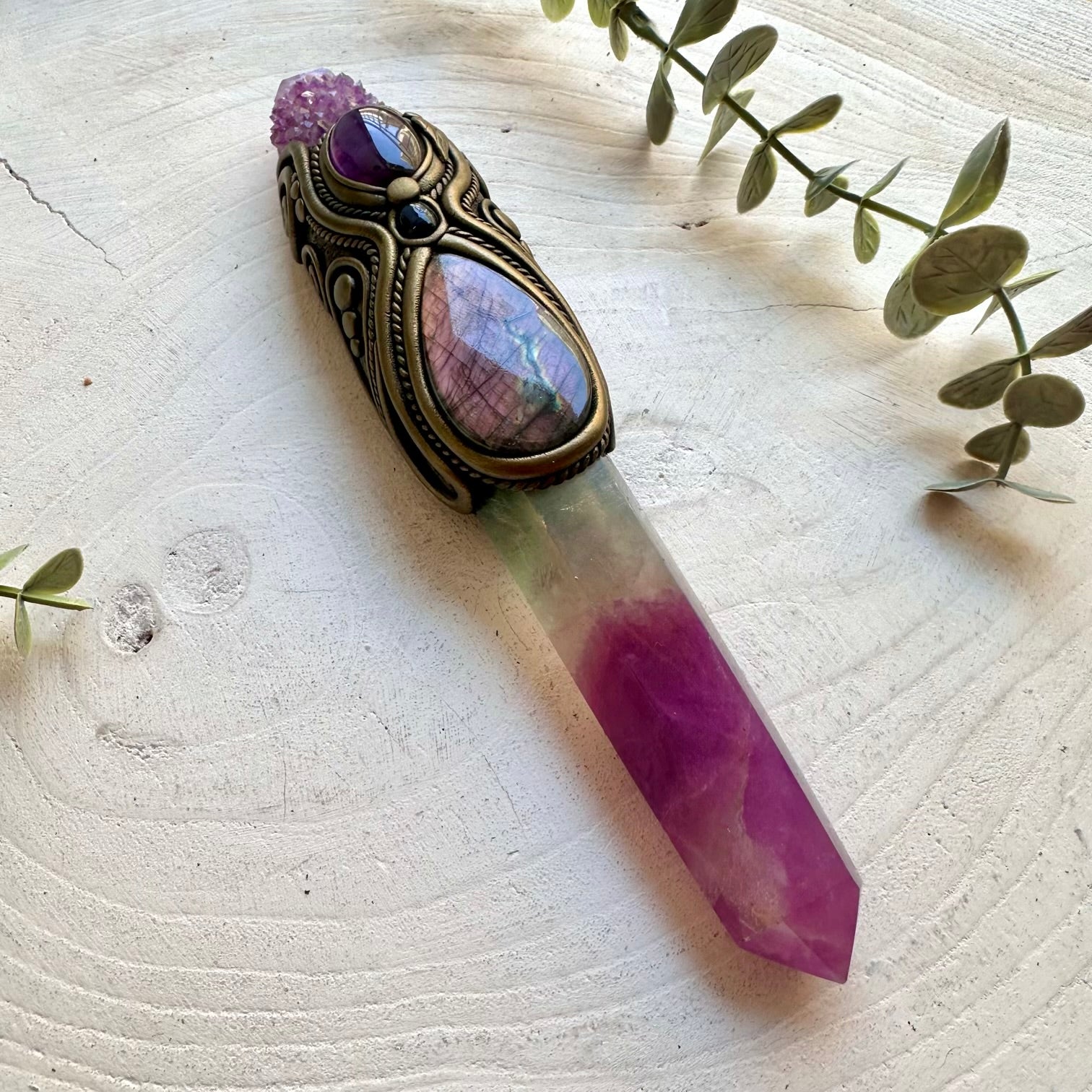 One of a kind crystal wand handcrafted with Rainbow Fluorite, Amethyst and Black Ethiopian Opal.