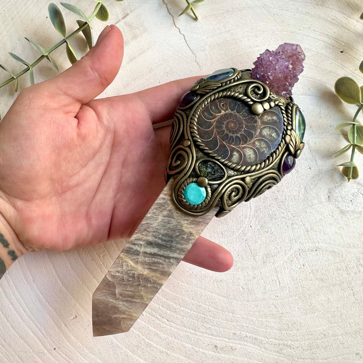 One of a kind healing crystal wand featuring Moonstone and rare natural gemstones.