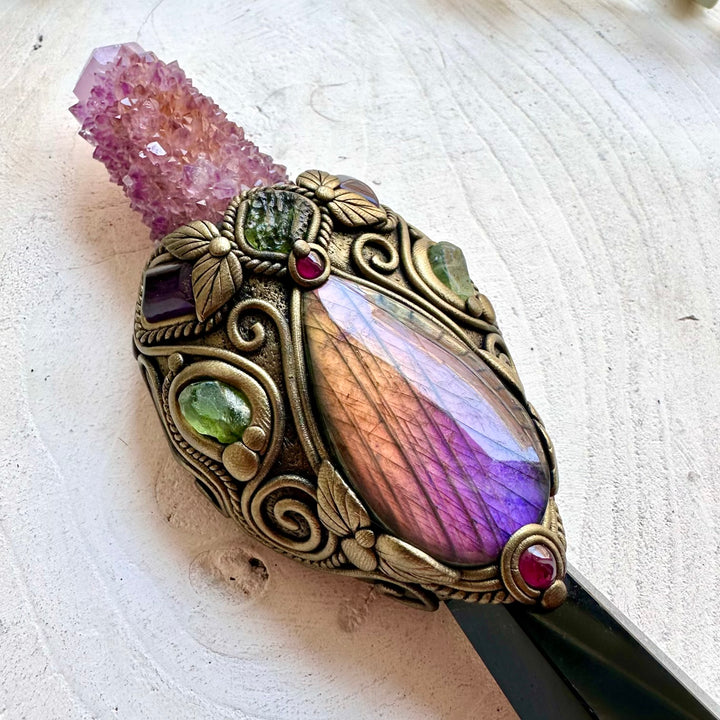 Beautiful healing crystal wand featuring Deep Purple Spirit Quartz and Black Obsidian in an artisan clay setting.