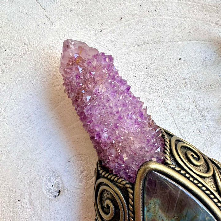Spiritual energy wand combining Rainbow Fluorite, Moldavite, Amethyst and Rhodolite Garnet.