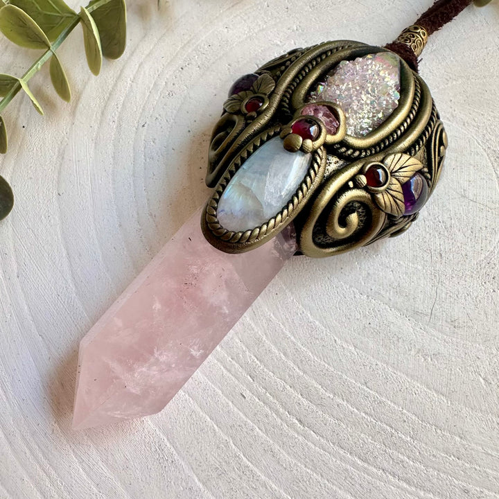 Handmade raw crystal wand crafted with Rose Quartz, Angel Aura Spirit Quartz and Moonstone.