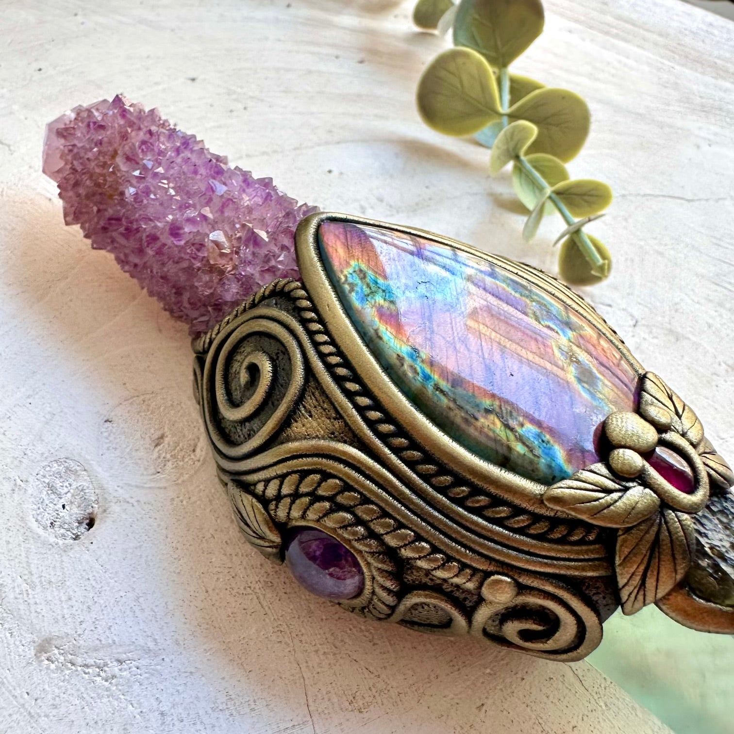 Handmade crystal wand featuring Rainbow Fluorite with carefully selected natural healing crystals.