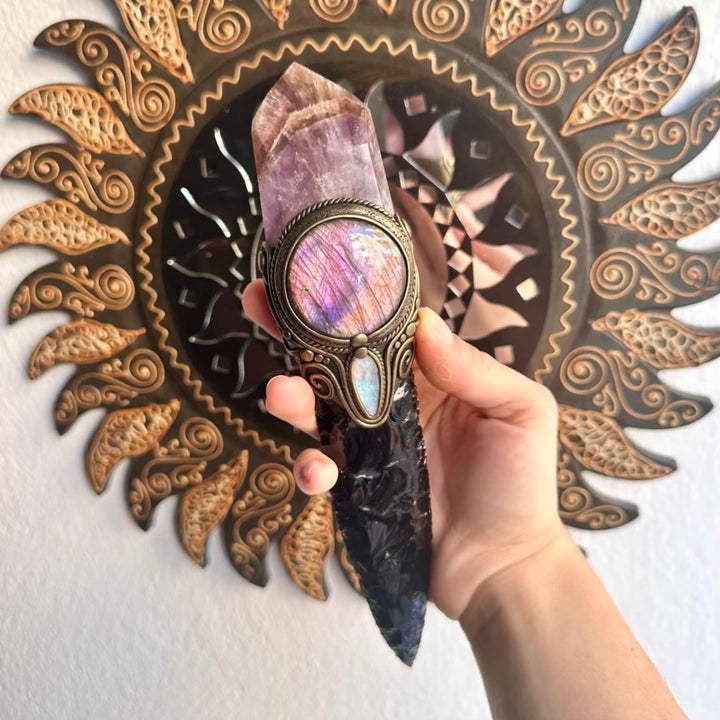 Witchcraft raw crystal wand with Obsidian arrowhead, Super Seven and Moonstone