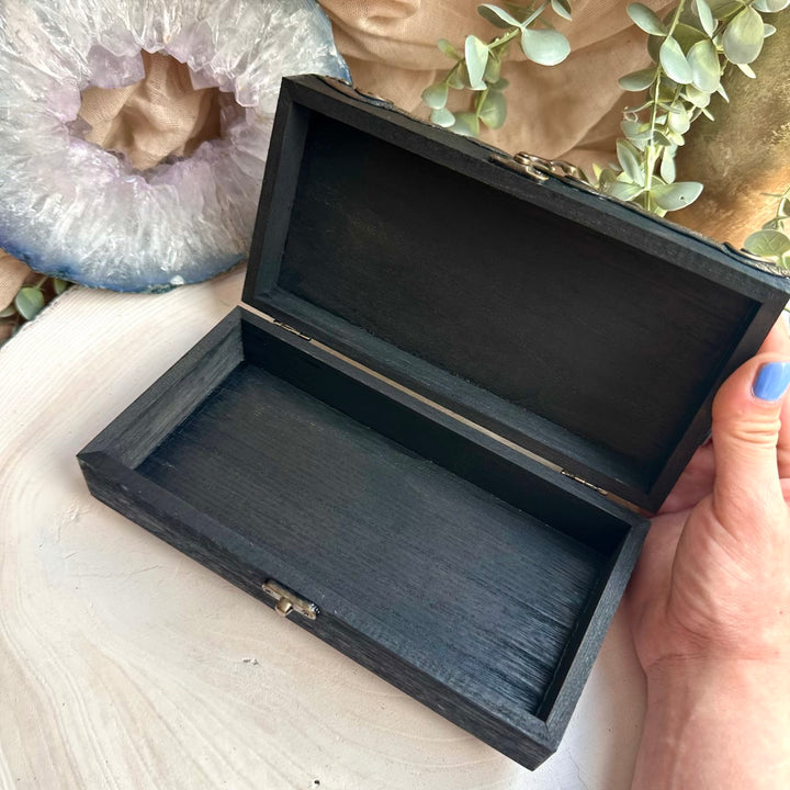 Witchy fantasy crystal decor box featuring pink labradorite and watermelon tourmaline gemstones