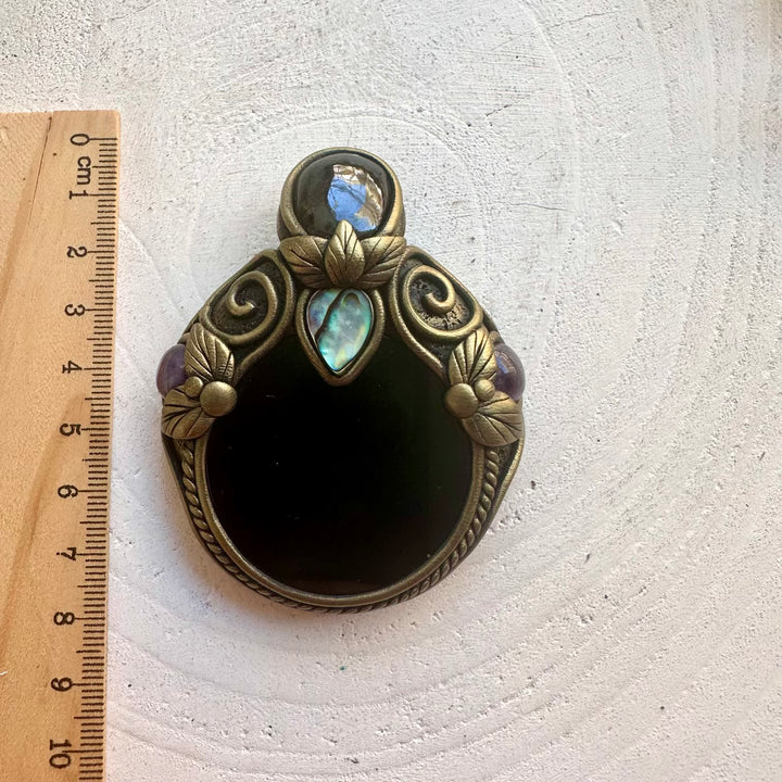 Handmade Black Obsidian Mirror pendant necklace with Rhodolite Garnet, Abalone Seashell and Amethyst.