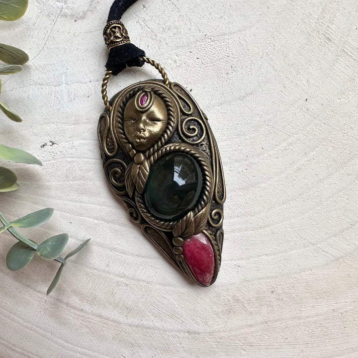 Rainbow obsidian rhodonite and ruby healing crystal necklace