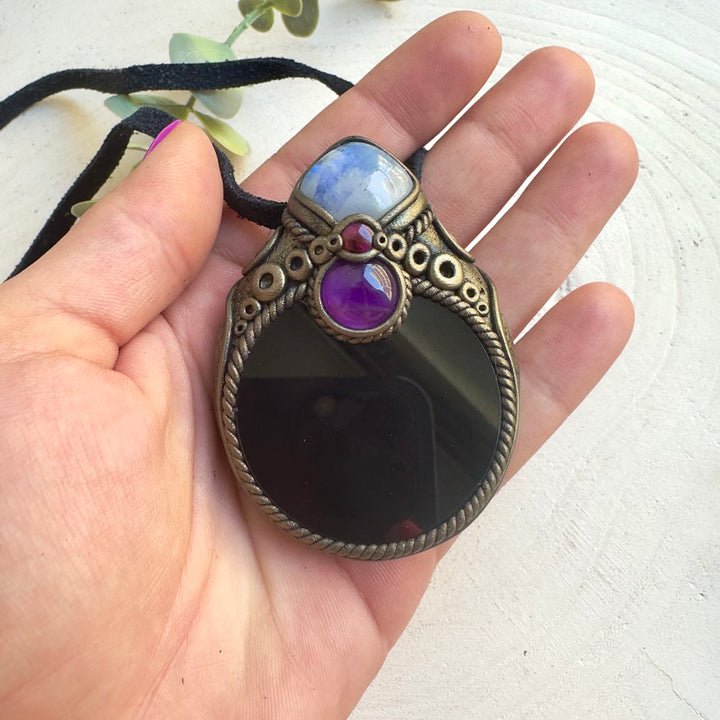 Black Obsidian mirror pendant necklace with Amethyst, Rainbow Moonstone and Rhodolite Garnet