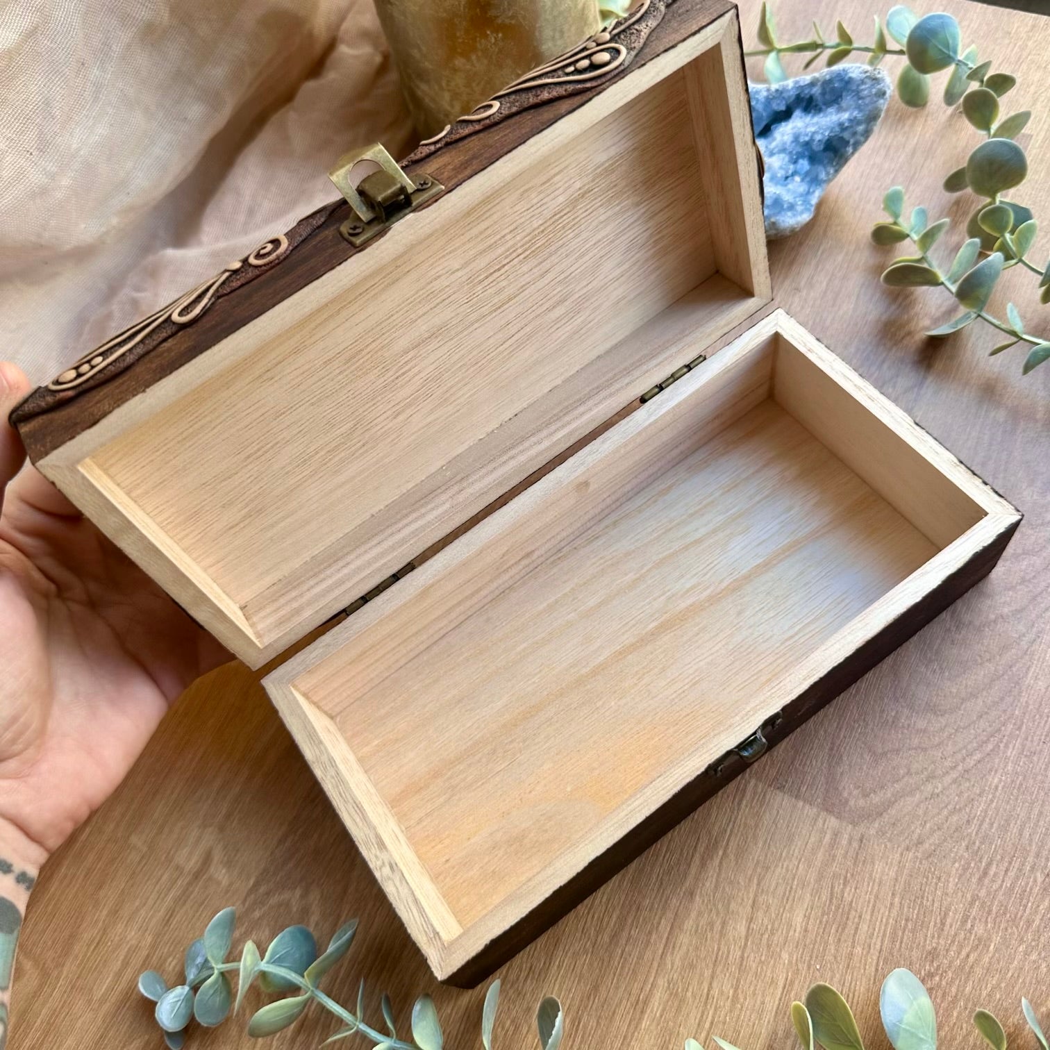 Unique crystal wooden box featuring Gold Sheen Obsidian and Moldavite