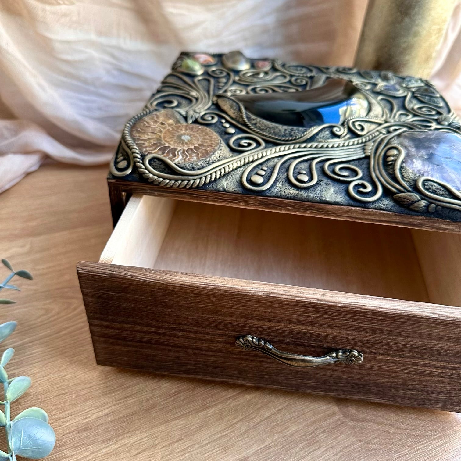 Unique crystal wooden box with Ammonite, Super Seven Quartz and Boulder Opal