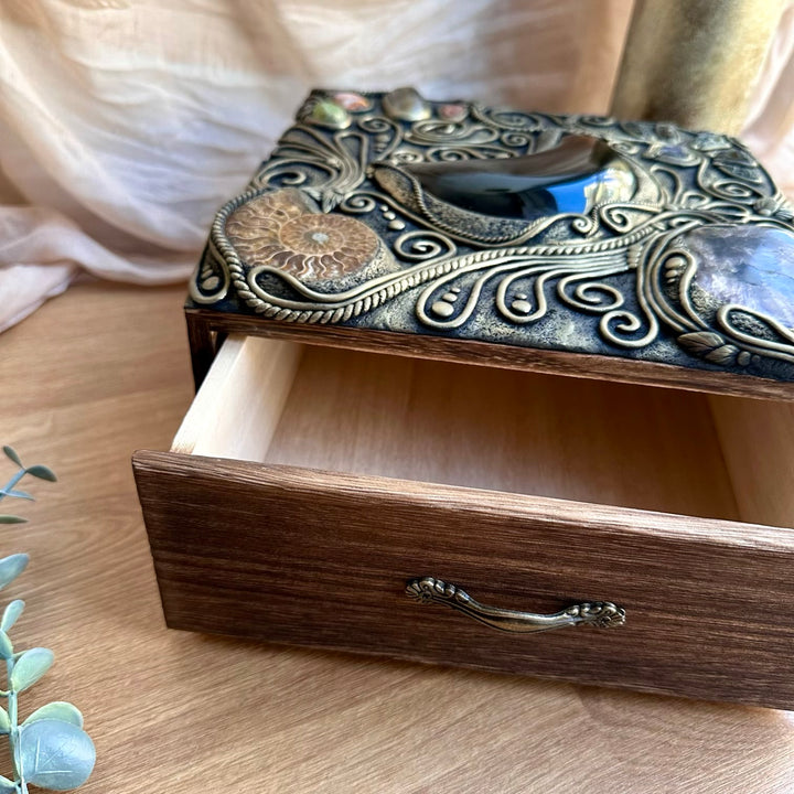 Unique crystal wooden box with Ammonite, Super Seven Quartz and Boulder Opal