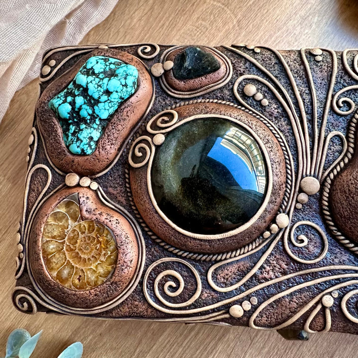 Spiritual decor wooden box with Black Onyx and Gold Sheen Obsidian