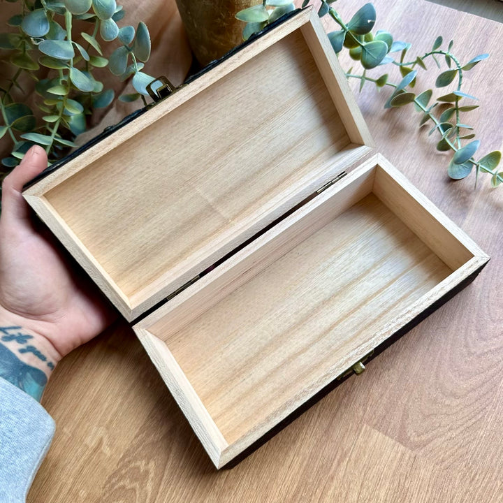 Handmade wooden box featuring silver sheen obsidian moon and Ethiopian opal