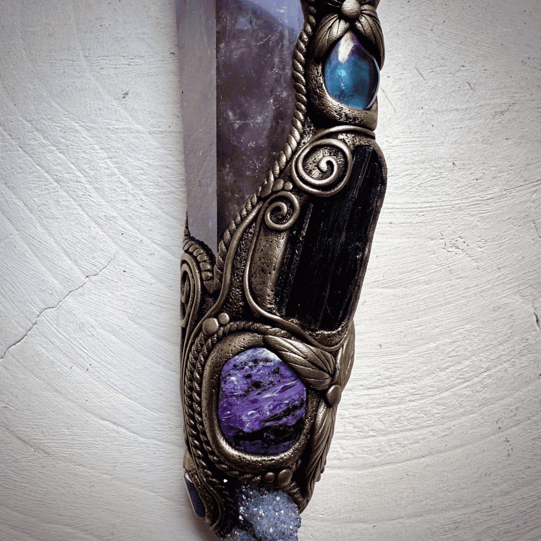 XL Amethyst Wand , Aqua Aura Spirit Quartz, Black Tourmaline, Aqua Aura Quartz, Raw Opal, Charoite, Tanzanite and Ruby Wand - FairyGardenGlow