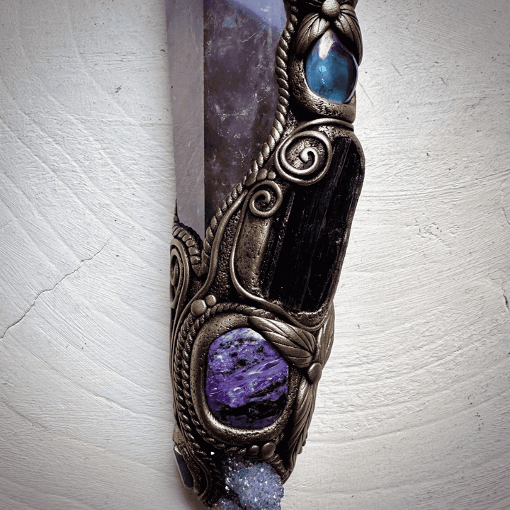 XL Amethyst Wand , Aqua Aura Spirit Quartz, Black Tourmaline, Aqua Aura Quartz, Raw Opal, Charoite, Tanzanite and Ruby Wand - FairyGardenGlow