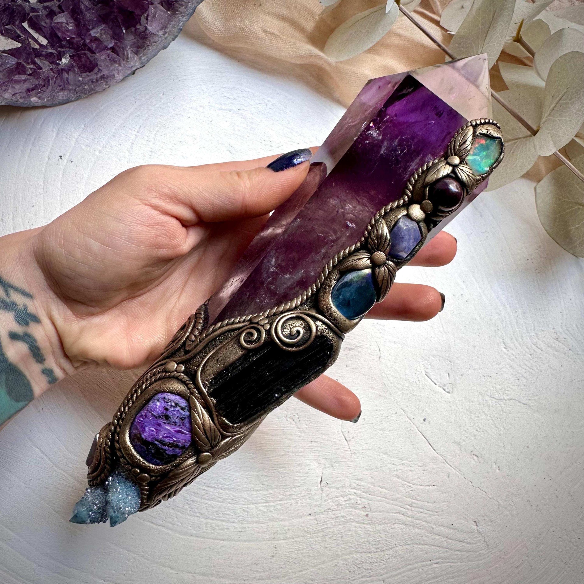 XL Amethyst Wand , Aqua Aura Spirit Quartz, Black Tourmaline, Aqua Aura Quartz, Raw Opal, Charoite, Tanzanite and Ruby Wand - FairyGardenGlow