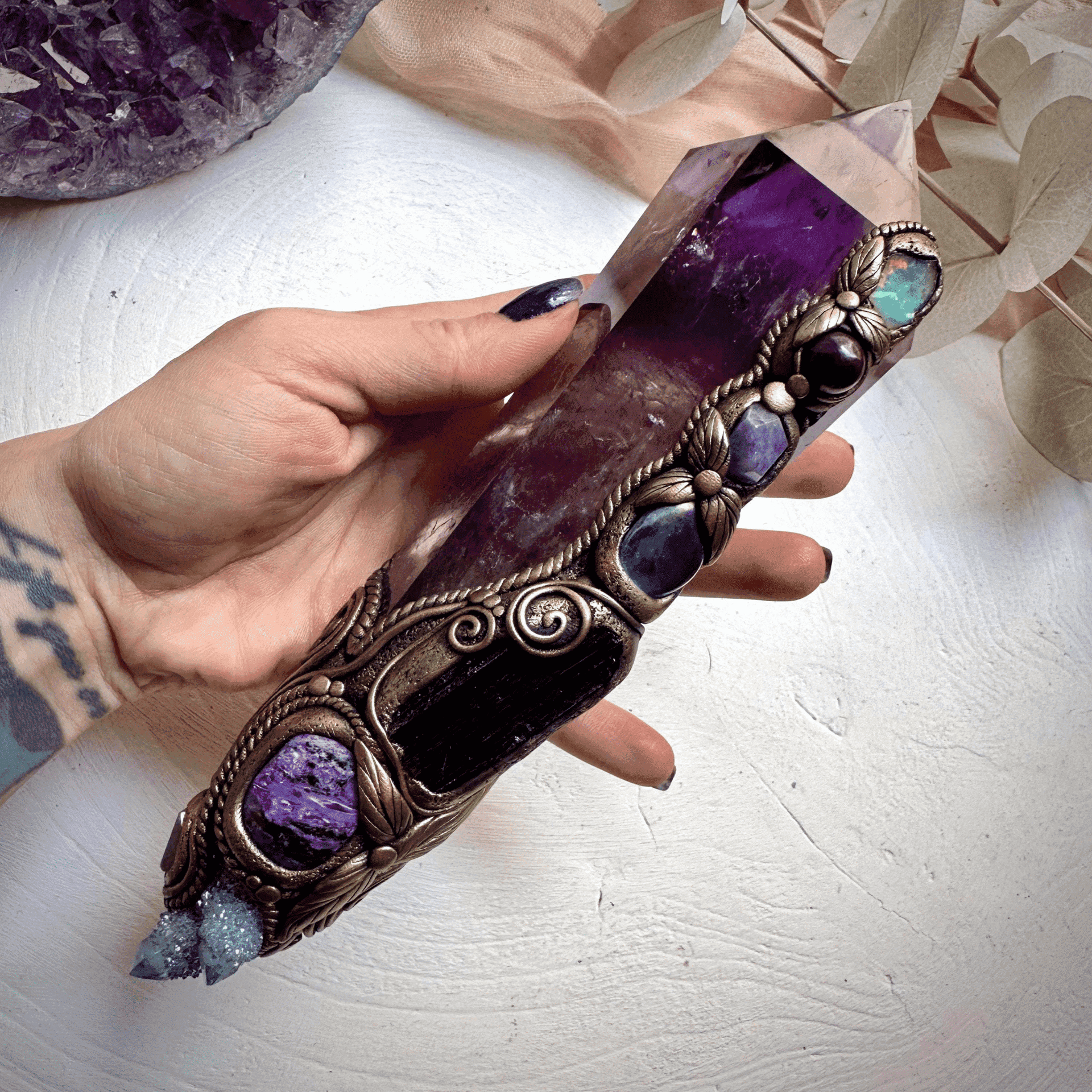 XL Amethyst Wand , Aqua Aura Spirit Quartz, Black Tourmaline, Aqua Aura Quartz, Raw Opal, Charoite, Tanzanite and Ruby Wand - FairyGardenGlow