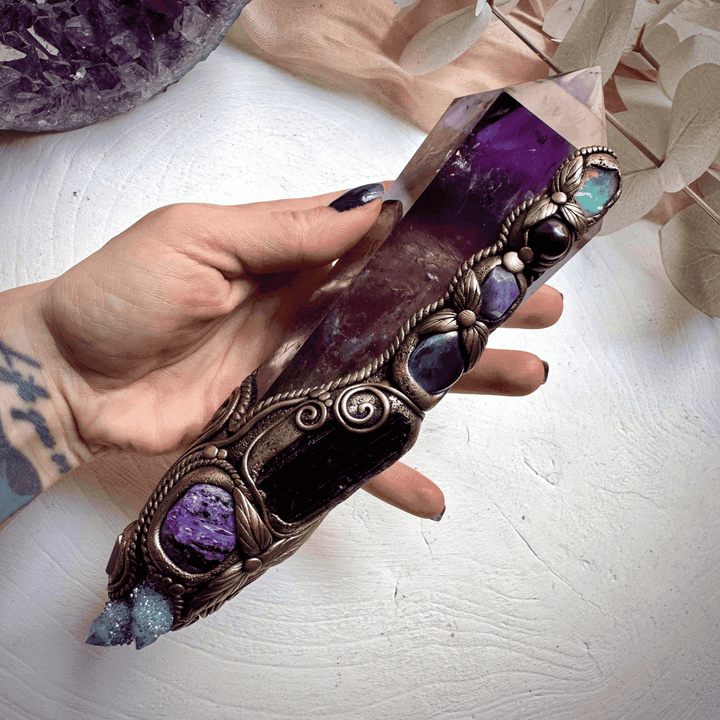 XL Amethyst Wand , Aqua Aura Spirit Quartz, Black Tourmaline, Aqua Aura Quartz, Raw Opal, Charoite, Tanzanite and Ruby Wand - FairyGardenGlow