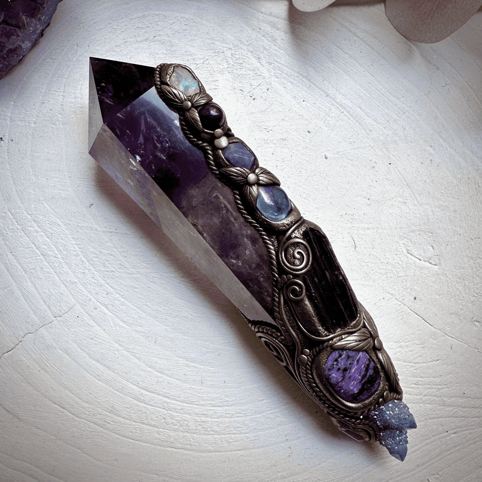 XL Amethyst Wand , Aqua Aura Spirit Quartz, Black Tourmaline, Aqua Aura Quartz, Raw Opal, Charoite, Tanzanite and Ruby Wand - FairyGardenGlow