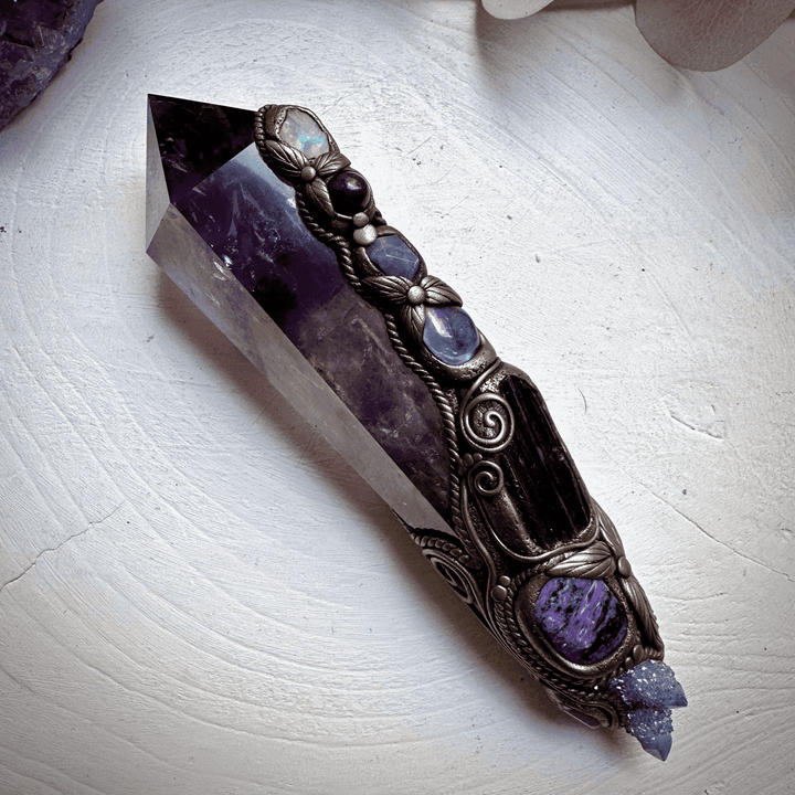 XL Amethyst Wand , Aqua Aura Spirit Quartz, Black Tourmaline, Aqua Aura Quartz, Raw Opal, Charoite, Tanzanite and Ruby Wand - FairyGardenGlow