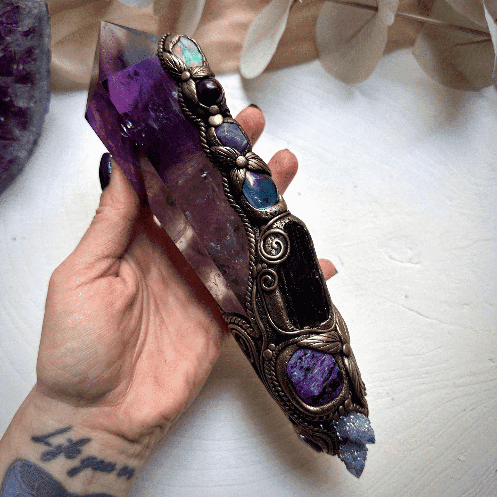 XL Amethyst Wand , Aqua Aura Spirit Quartz, Black Tourmaline, Aqua Aura Quartz, Raw Opal, Charoite, Tanzanite and Ruby Wand - FairyGardenGlow