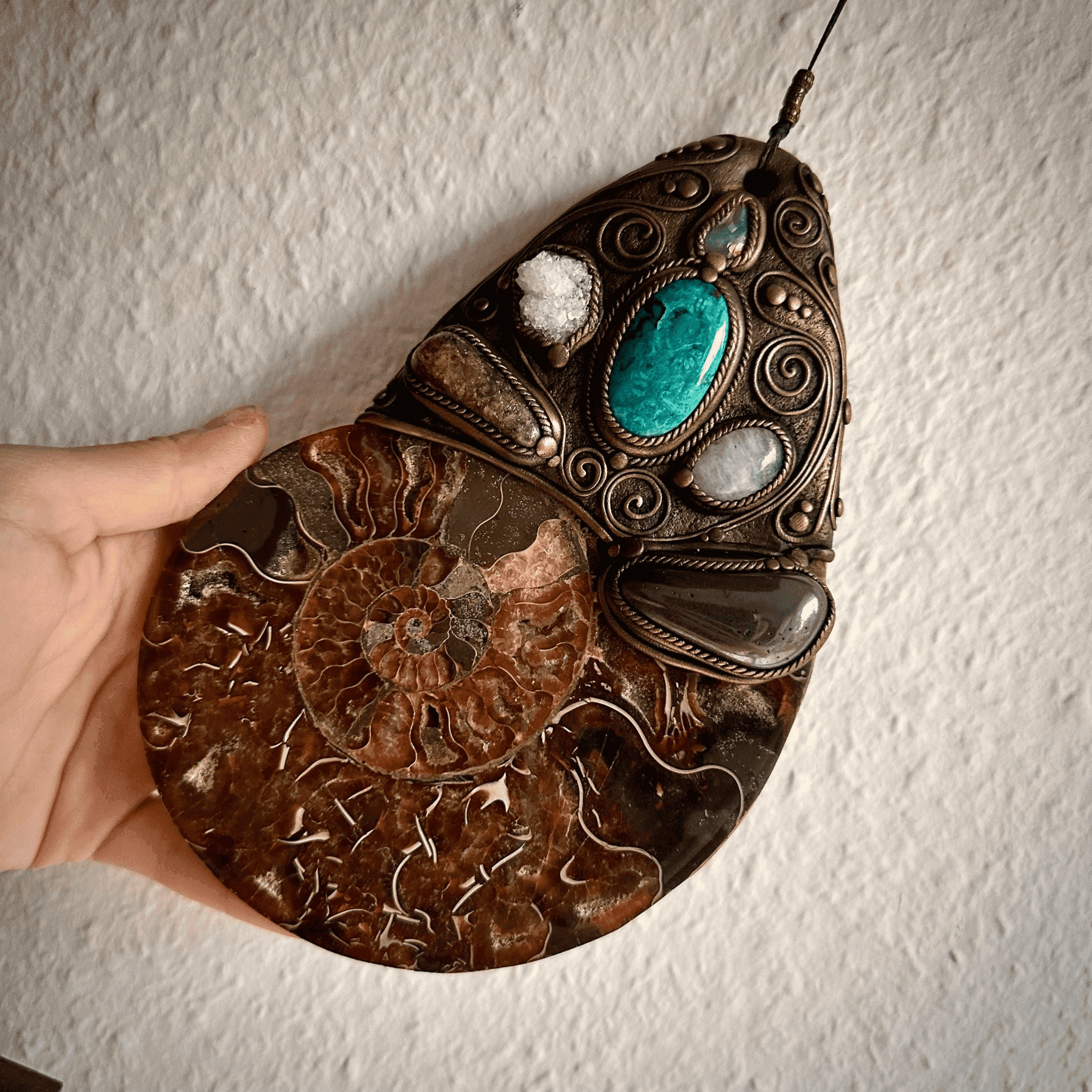 XL Ammonite Wall Hanging, Chrysocolla Apophyllite Moonstone Hematite Citrine Raw Australian Opal Wall Hanging, Unique Crystal Home Decor - FairyGardenGlow