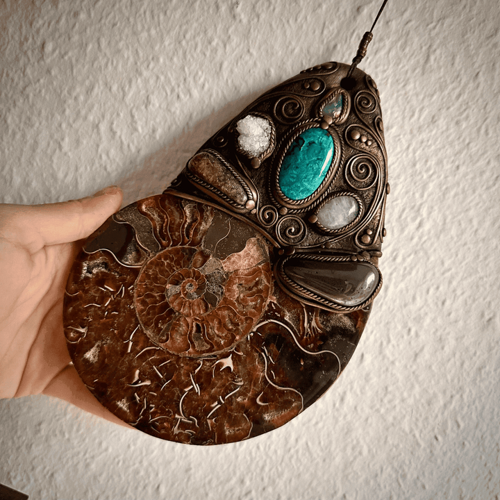 XL Ammonite Wall Hanging, Chrysocolla Apophyllite Moonstone Hematite Citrine Raw Australian Opal Wall Hanging, Unique Crystal Home Decor - FairyGardenGlow