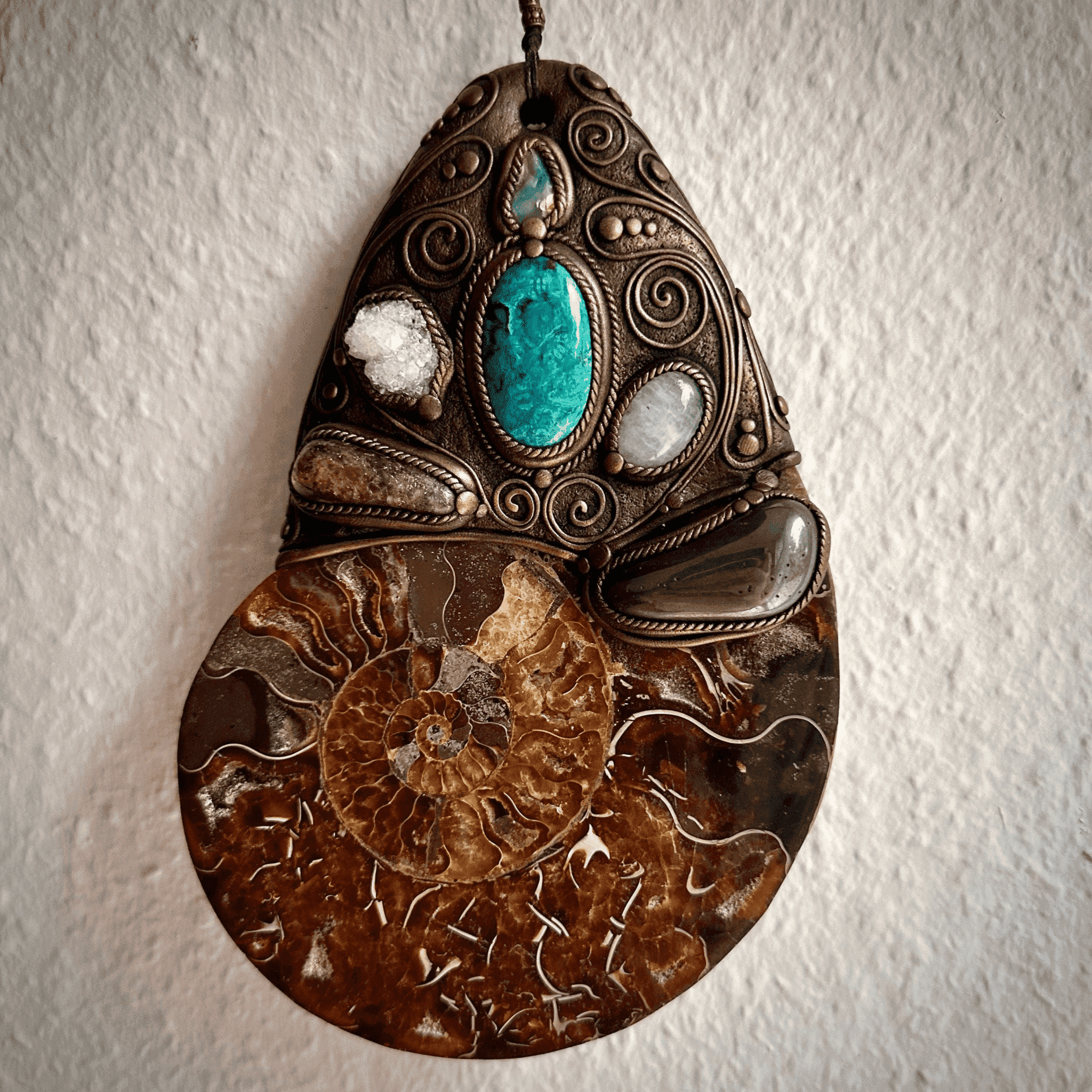 XL Ammonite Wall Hanging, Chrysocolla Apophyllite Moonstone Hematite Citrine Raw Australian Opal Wall Hanging, Unique Crystal Home Decor - FairyGardenGlow