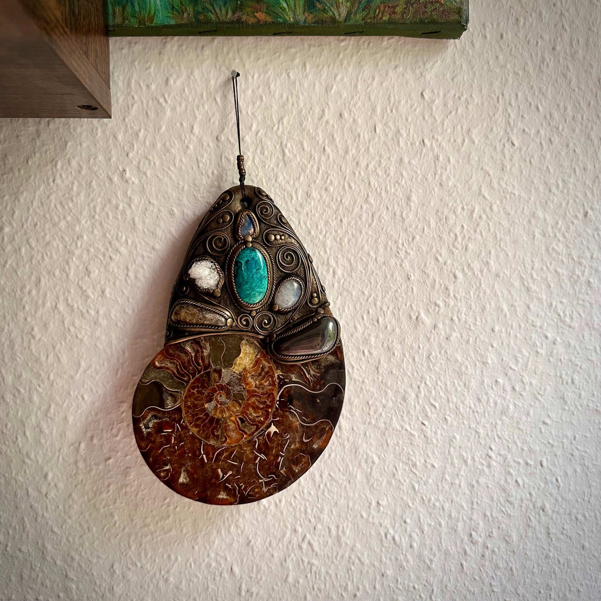 XL Ammonite Wall Hanging, Chrysocolla Apophyllite Moonstone Hematite Citrine Raw Australian Opal Wall Hanging, Unique Crystal Home Decor - FairyGardenGlow