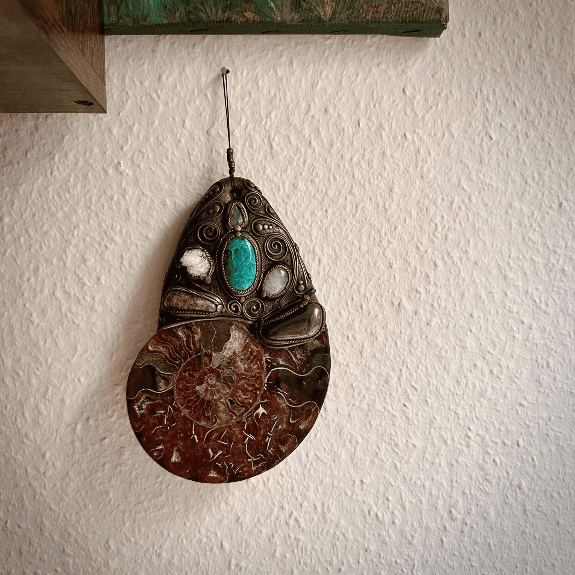 XL Ammonite Wall Hanging, Chrysocolla Apophyllite Moonstone Hematite Citrine Raw Australian Opal Wall Hanging, Unique Crystal Home Decor - FairyGardenGlow