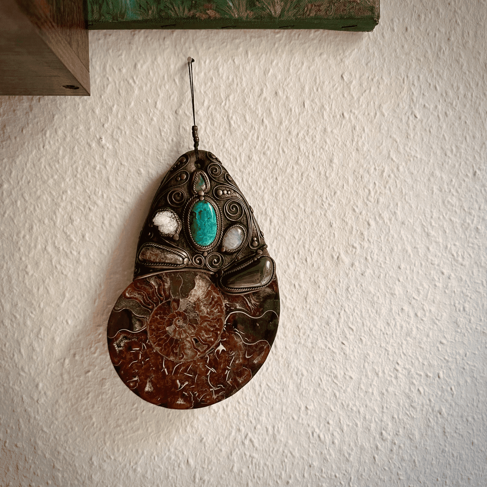 XL Ammonite Wall Hanging, Chrysocolla Apophyllite Moonstone Hematite Citrine Raw Australian Opal Wall Hanging, Unique Crystal Home Decor - FairyGardenGlow
