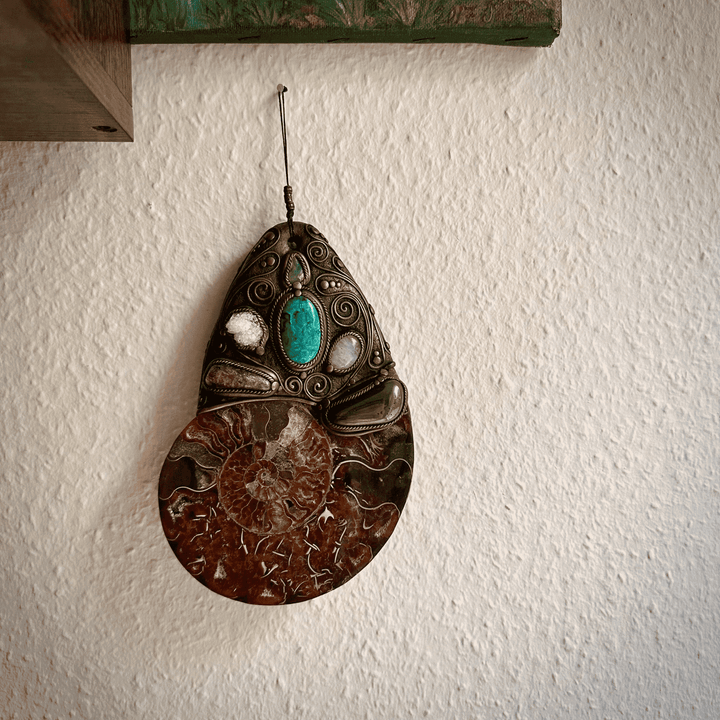XL Ammonite Wall Hanging, Chrysocolla Apophyllite Moonstone Hematite Citrine Raw Australian Opal Wall Hanging, Unique Crystal Home Decor - FairyGardenGlow