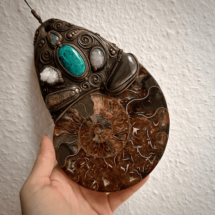XL Ammonite Wall Hanging, Chrysocolla Apophyllite Moonstone Hematite Citrine Raw Australian Opal Wall Hanging, Unique Crystal Home Decor - FairyGardenGlow