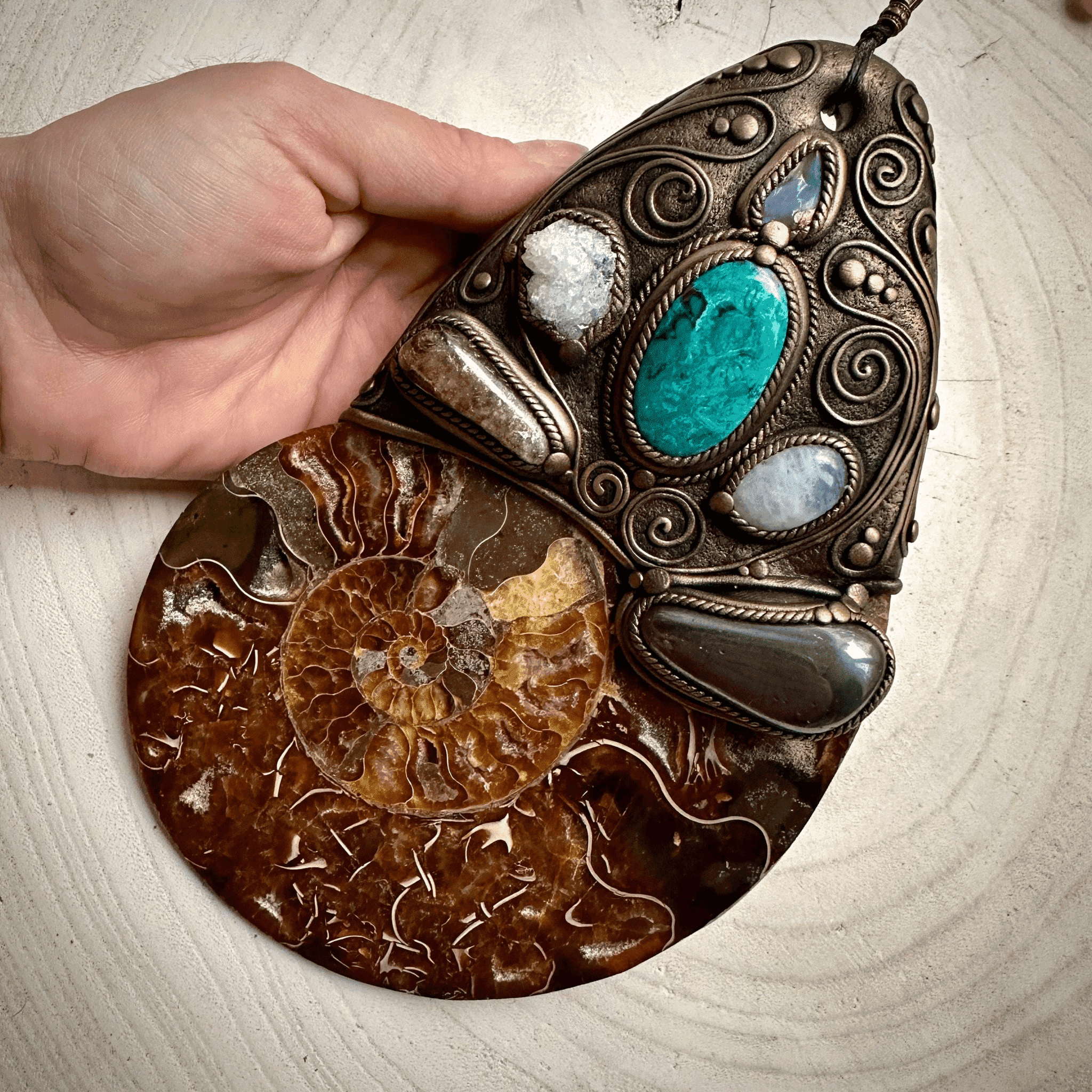 XL Ammonite Wall Hanging, Chrysocolla Apophyllite Moonstone Hematite Citrine Raw Australian Opal Wall Hanging, Unique Crystal Home Decor - FairyGardenGlow
