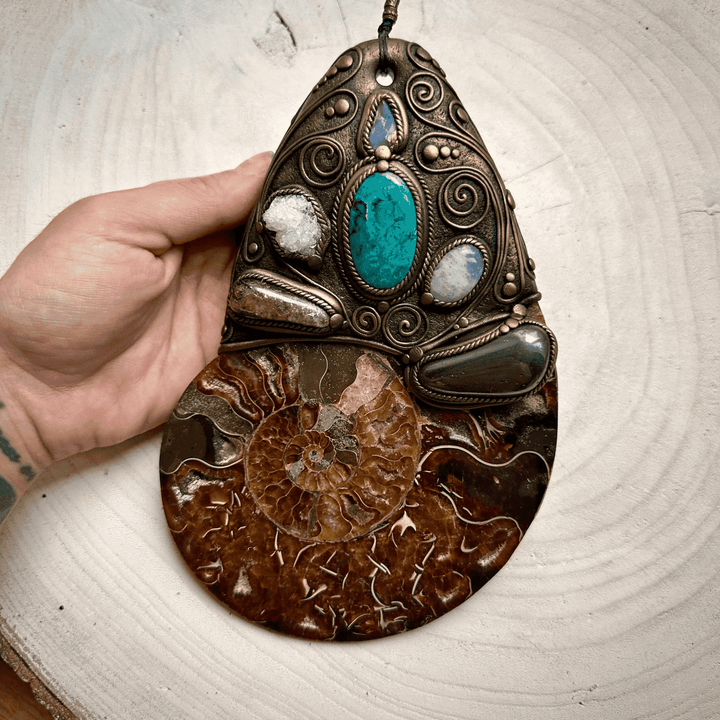 XL Ammonite Wall Hanging, Chrysocolla Apophyllite Moonstone Hematite Citrine Raw Australian Opal Wall Hanging, Unique Crystal Home Decor - FairyGardenGlow