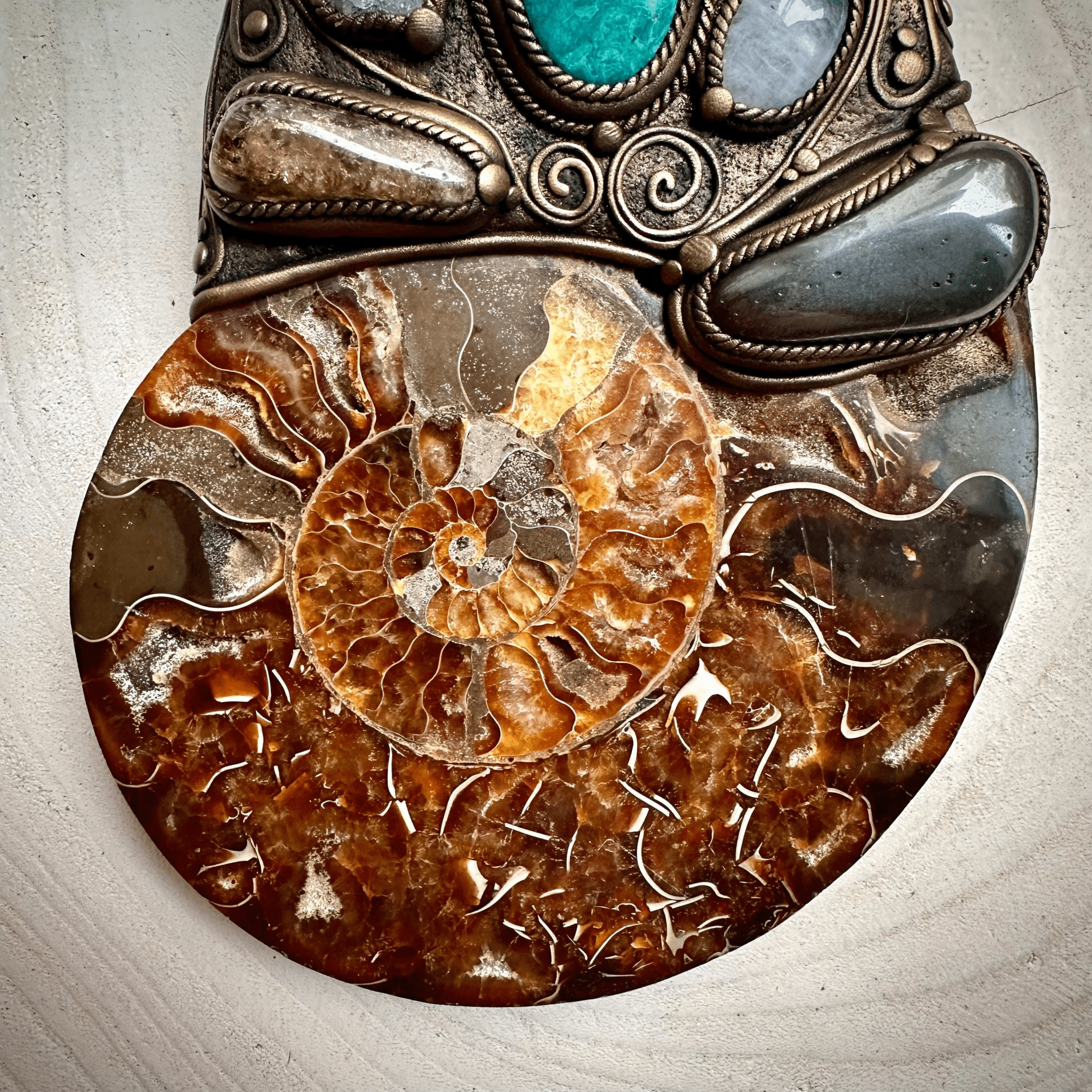 XL Ammonite Wall Hanging, Chrysocolla Apophyllite Moonstone Hematite Citrine Raw Australian Opal Wall Hanging, Unique Crystal Home Decor - FairyGardenGlow