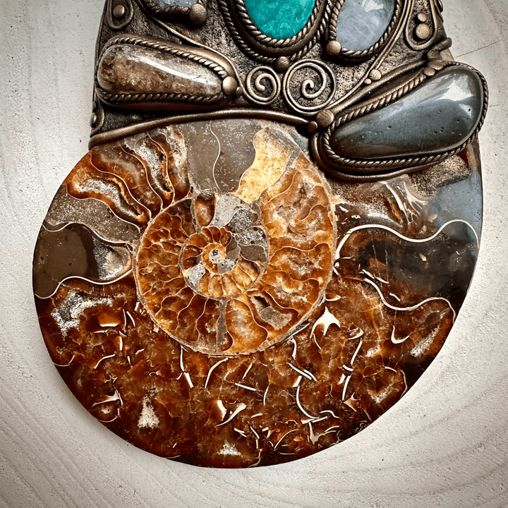 XL Ammonite Wall Hanging, Chrysocolla Apophyllite Moonstone Hematite Citrine Raw Australian Opal Wall Hanging, Unique Crystal Home Decor - FairyGardenGlow
