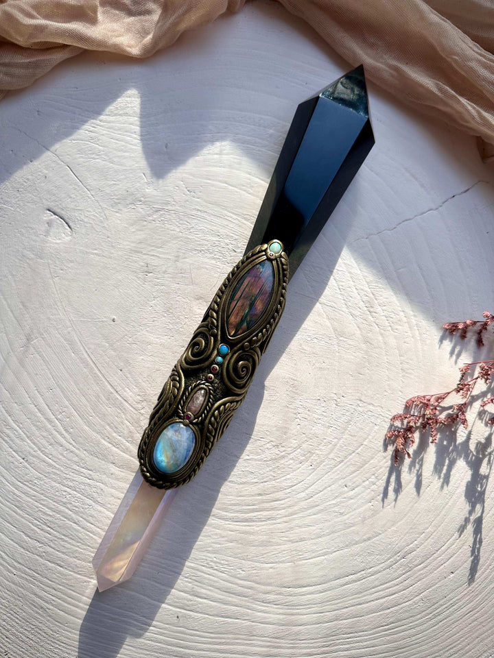 XL Black Obsidian Wand , Angel Aura Rose Quartz Labradorite Rainbow Moonstone Australian Opal Morganite Ruby Wand - FairyGardenGlow