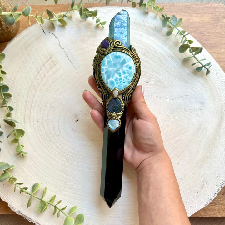 XL handmade crystal wand featuring Black Obsidian, Aqua Aura Quartz and a stunning large Larimar centerpiece.