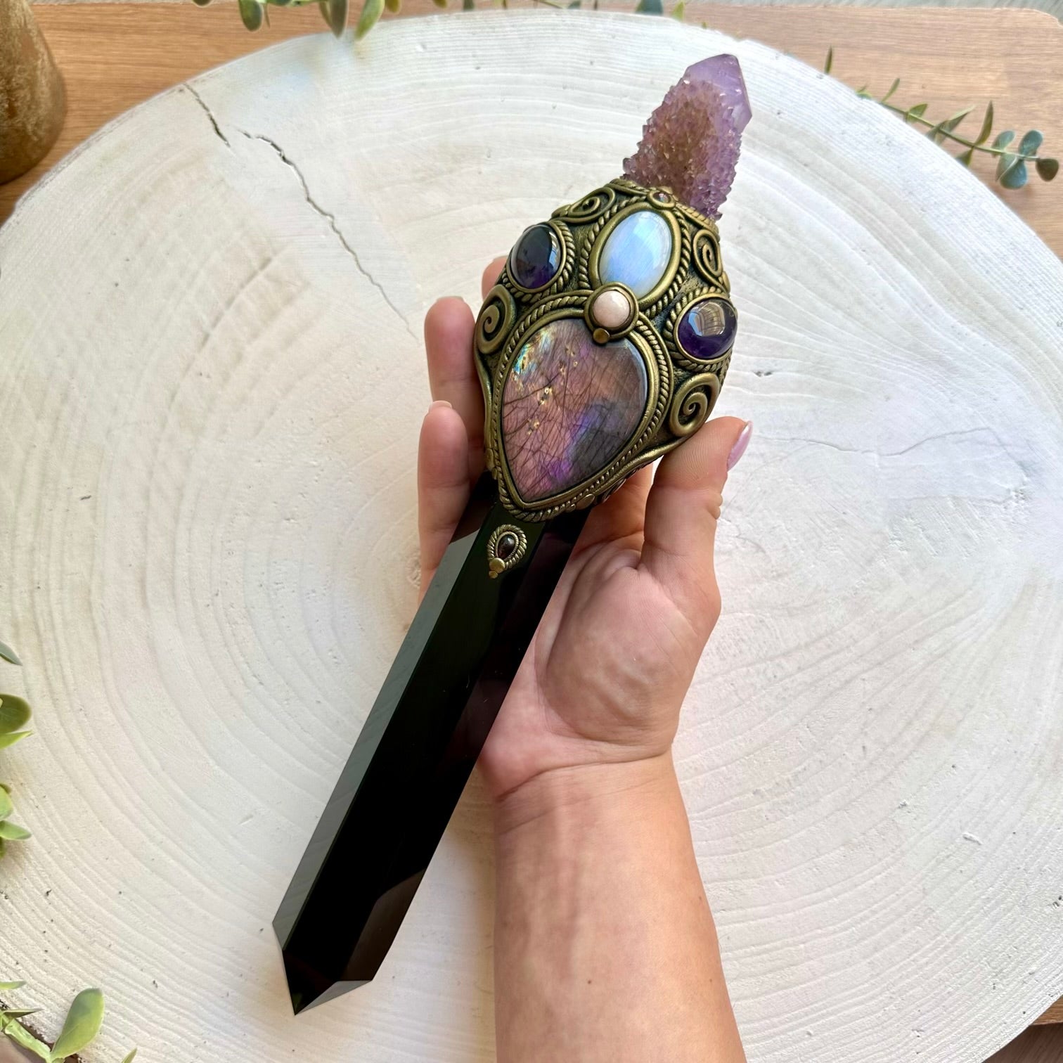 XL handmade healing crystal wand featuring Black Obsidian, Deep Purple Spirit Quartz and Labradorite.