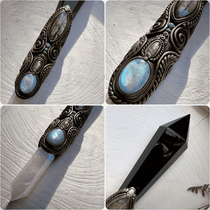 XL Black Obsidian Wand , Angel Aura Rose Quartz Labradorite Rainbow Moonstone Australian Opal Morganite Ruby Wand - FairyGardenGlow