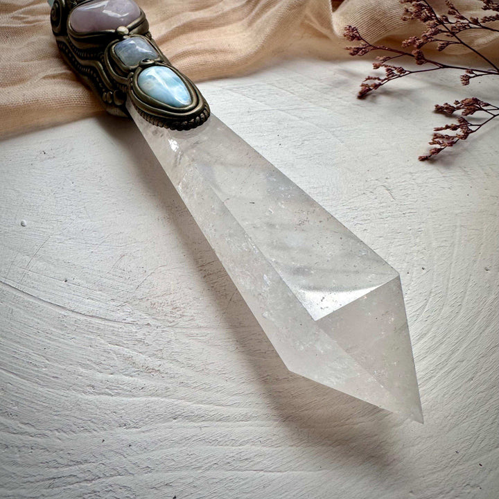 XL Clear Quartz Point with Raw Aquamarine Rose Quartz Heart Australian Opal Rainbow Moonstone and Blue Sapphire Wand - FairyGardenGlow