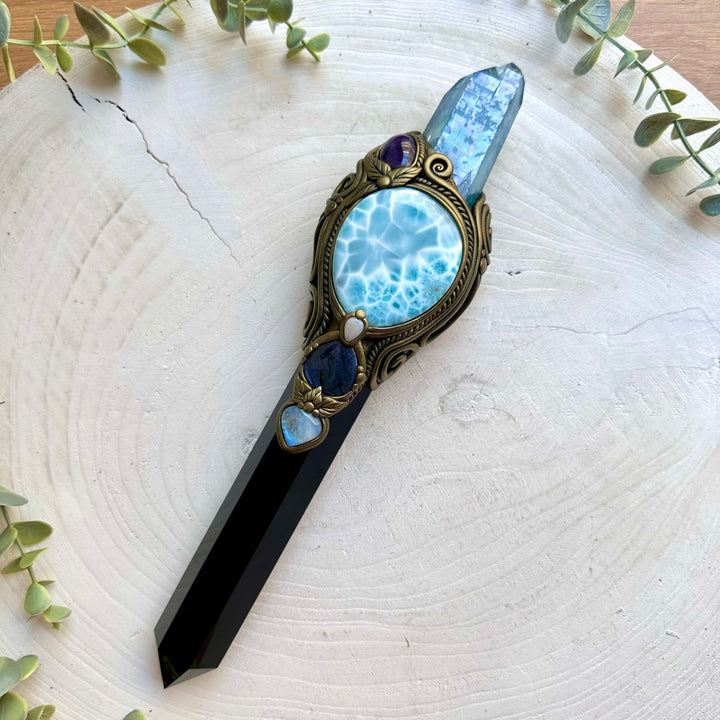 Handmade ritual wand with Aqua Aura Quartz, Larimar, Australian Opal and natural healing crystals.
