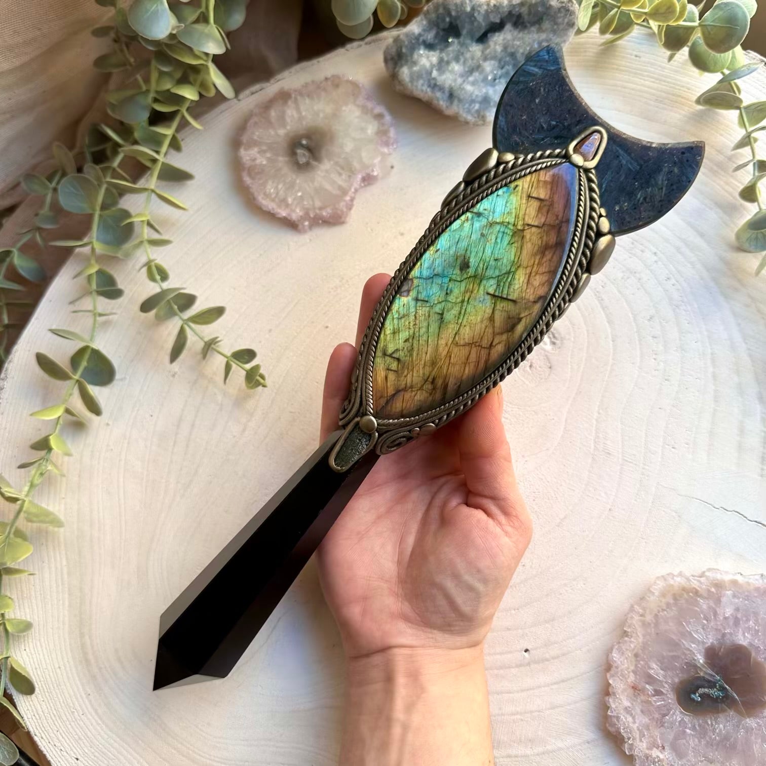 XL crystal wand with black obsidian, labradorite and moldavite