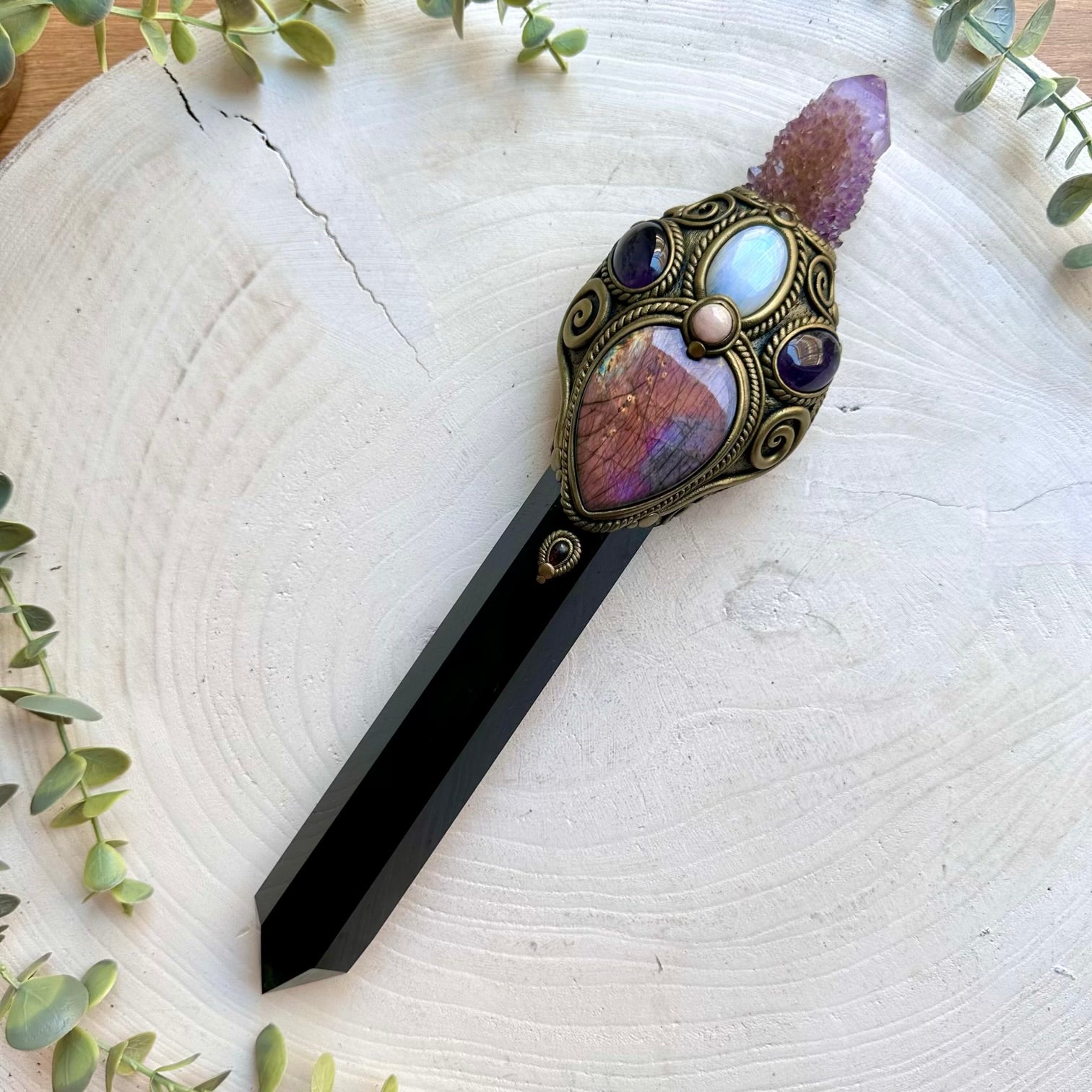 Handmade ritual wand with Black Obsidian, Spirit Quartz, Morganite and Rhodolite Garnet.