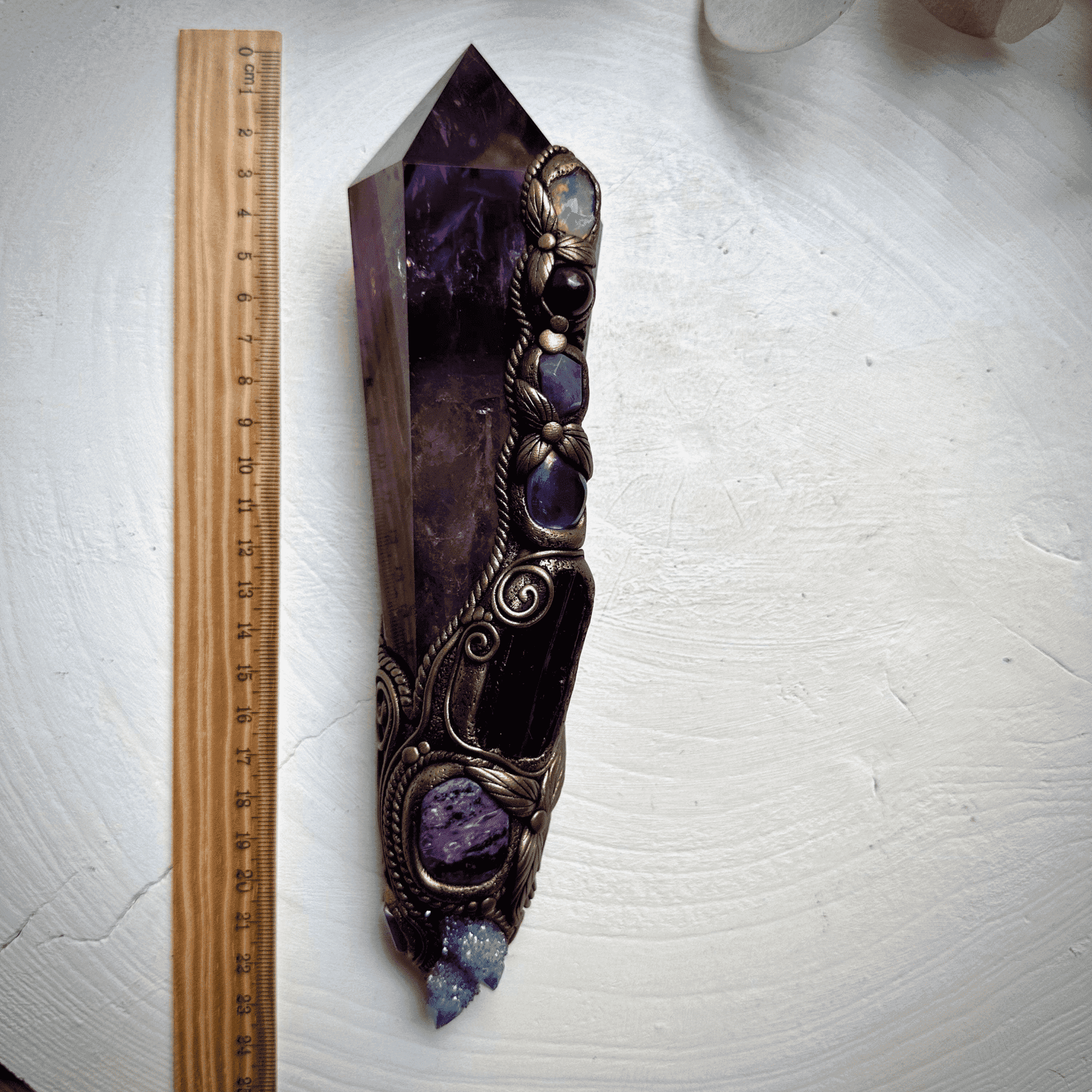 XL Amethyst Wand , Aqua Aura Spirit Quartz, Black Tourmaline, Aqua Aura Quartz, Raw Opal, Charoite, Tanzanite and Ruby Wand - FairyGardenGlow